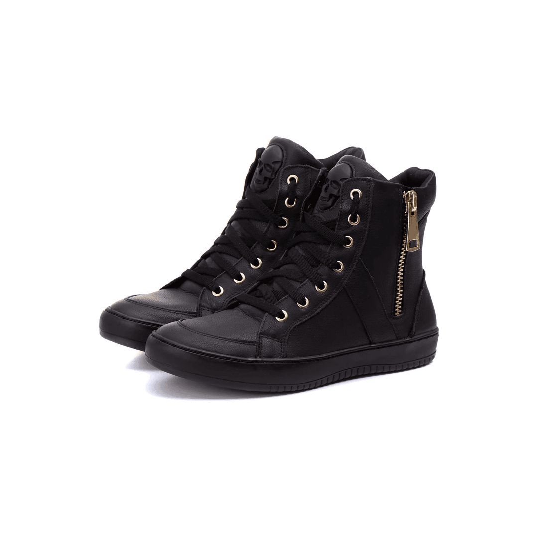 Tenis Sneaker Bawmi Cano Alto Feminino Preto com Ziper Dourado