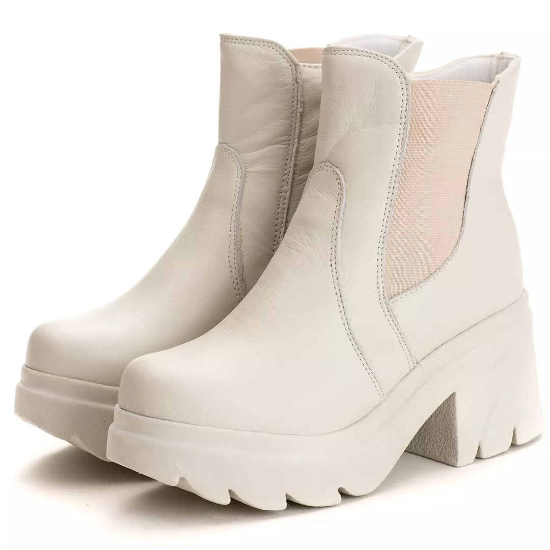 Bota Coturno Chelsea Feminina Couro Legitimo Off-White - REF: 6730
