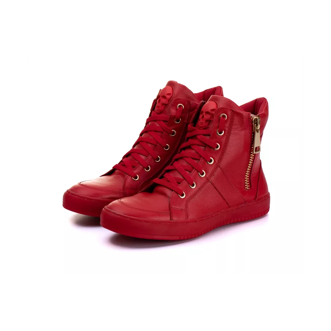 Tenis Sneaker Bawmi Cano Alto Feminino Vermelho com Ziper Dourado