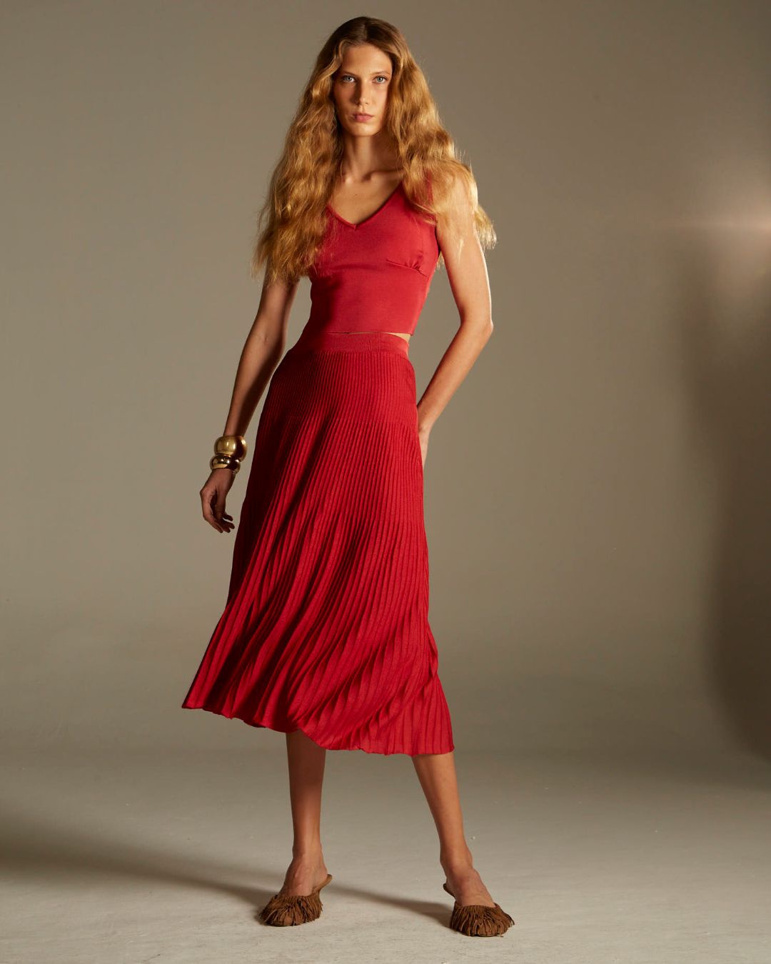 Saia Midi Nervura Vermelho - Maria Pavan