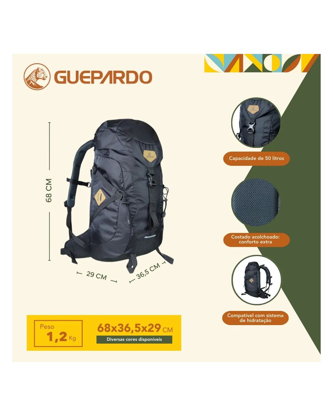 Mochila Guará 50l Guepardo com Cinta Ajustável