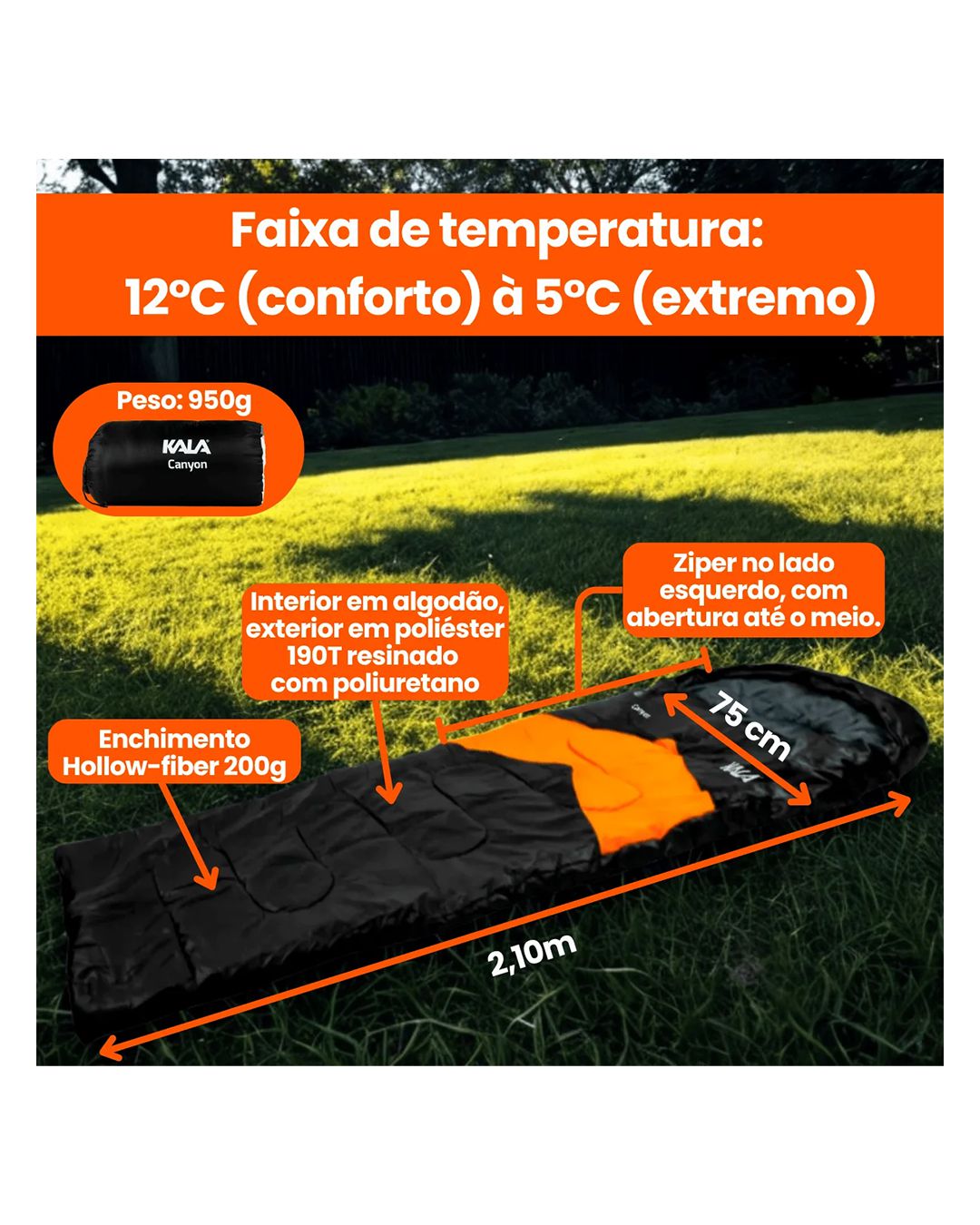  Saco de Dormir Canyon 5°C solteiro Kala 