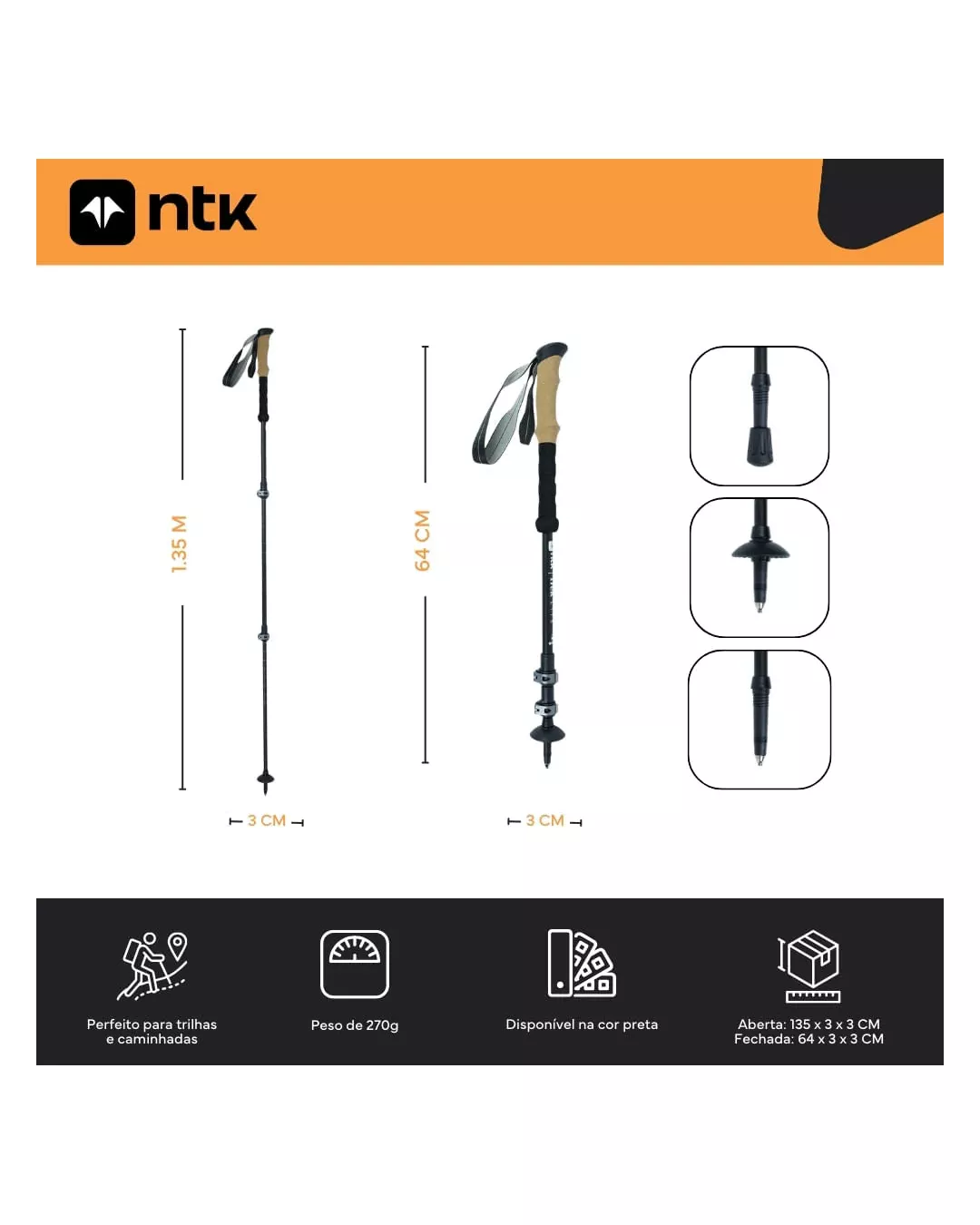 Bastão Caminhada Ajustável 135cm Alumínio Trek Lite NTK