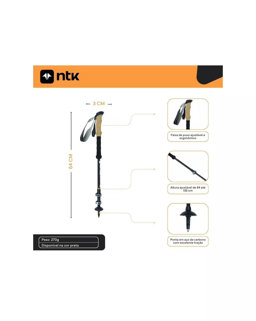 Bastão Caminhada Ajustável 135cm Alumínio Trek Lite NTK