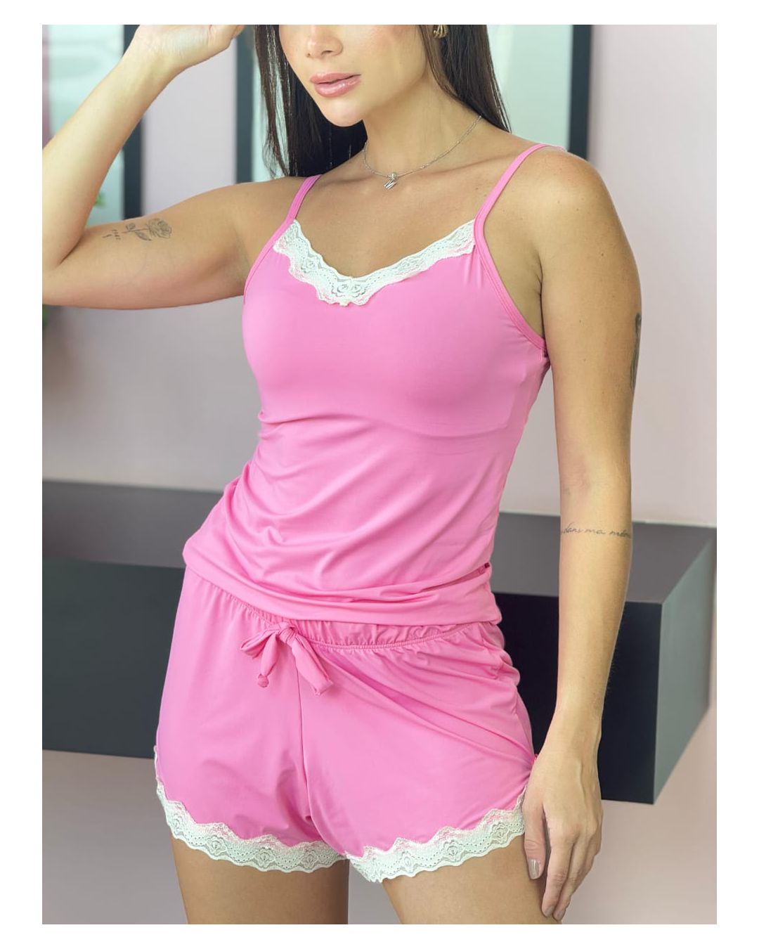 PIJAMA CAROL ROSA DETALHES EM RENDA OFF - Mimo de Renda