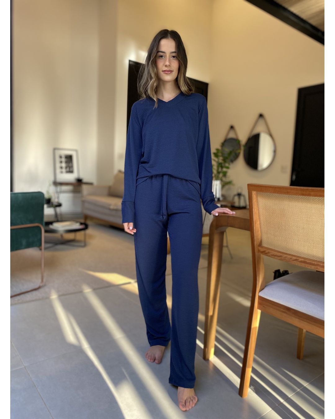 Pijama Longo Azul Marinho Modelo Paula - Mimo de Renda