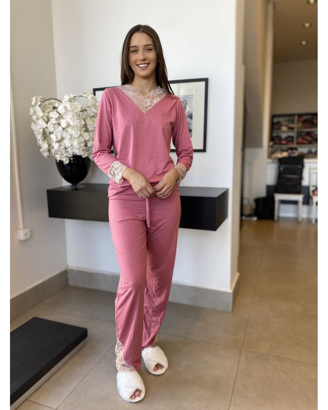 Pijama Longo Rosa Seco Modelo Paula - Mimo de Renda