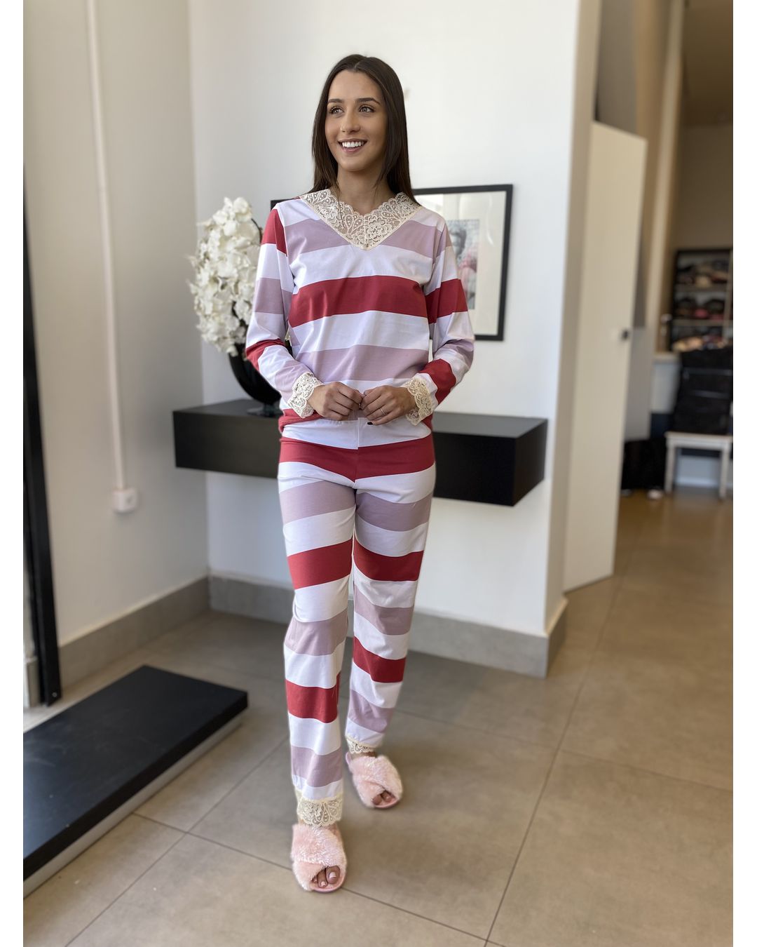 Pijama Longo listrado Modelo Paula - Mimo de Renda