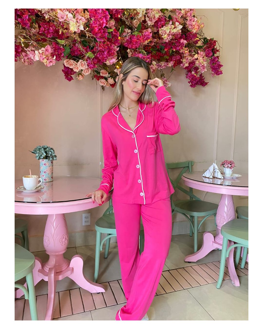 Pijama americano em viscose pink - Mimo de Renda