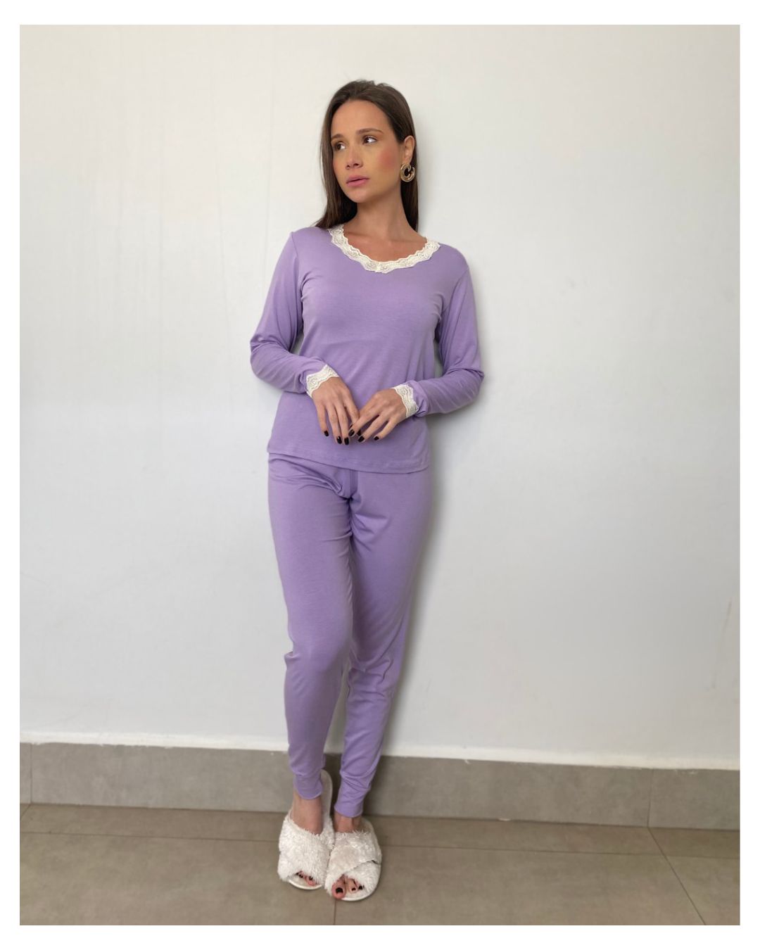 Pijama inverno gola em renda lilas - Mimo de Renda