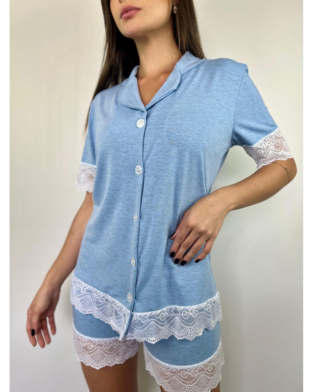 Pijama Alfaiataria thais Renda Azul - Mimo de Renda