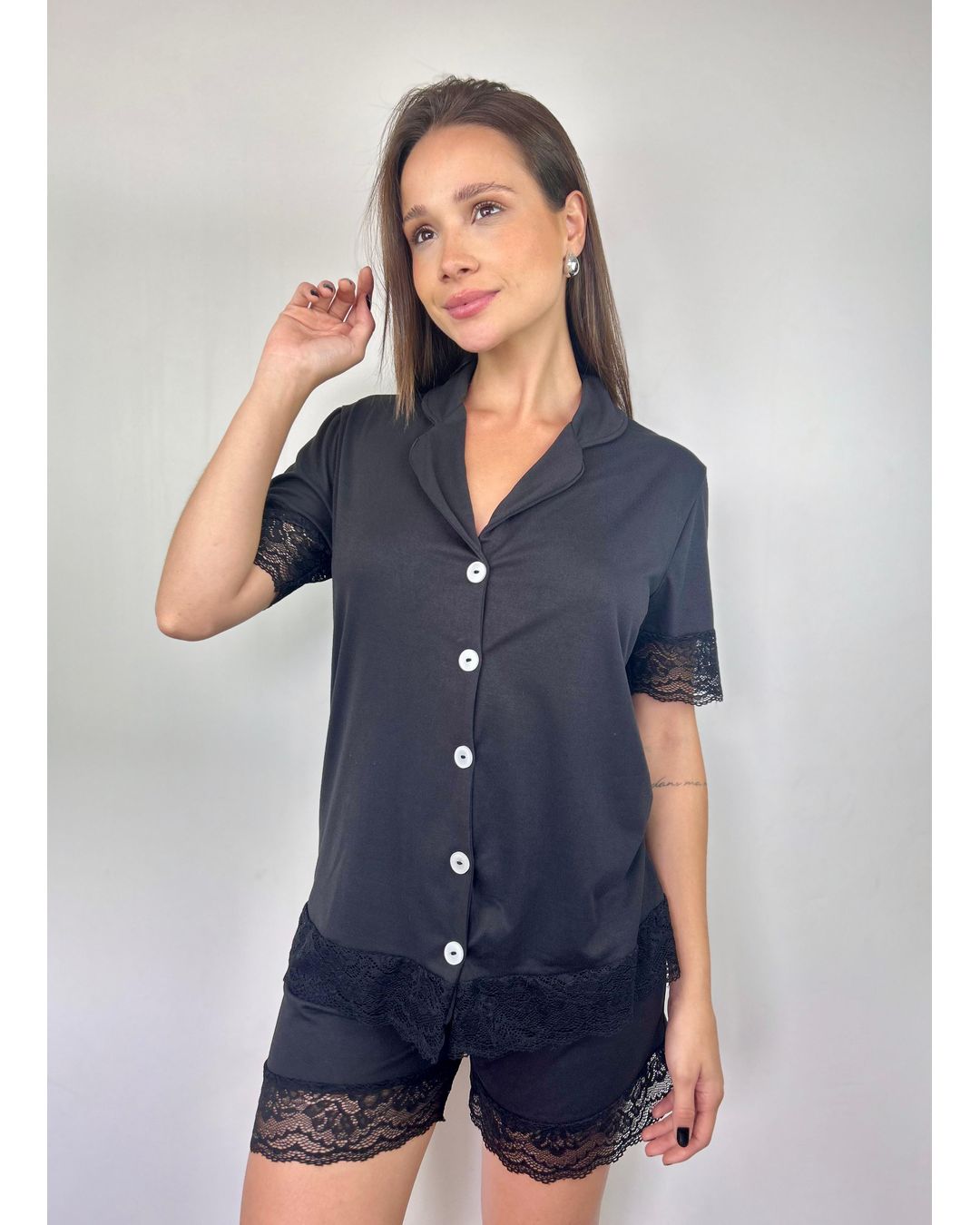 Pijama Alfaiataria Thais Renda Preto - Mimo de Renda