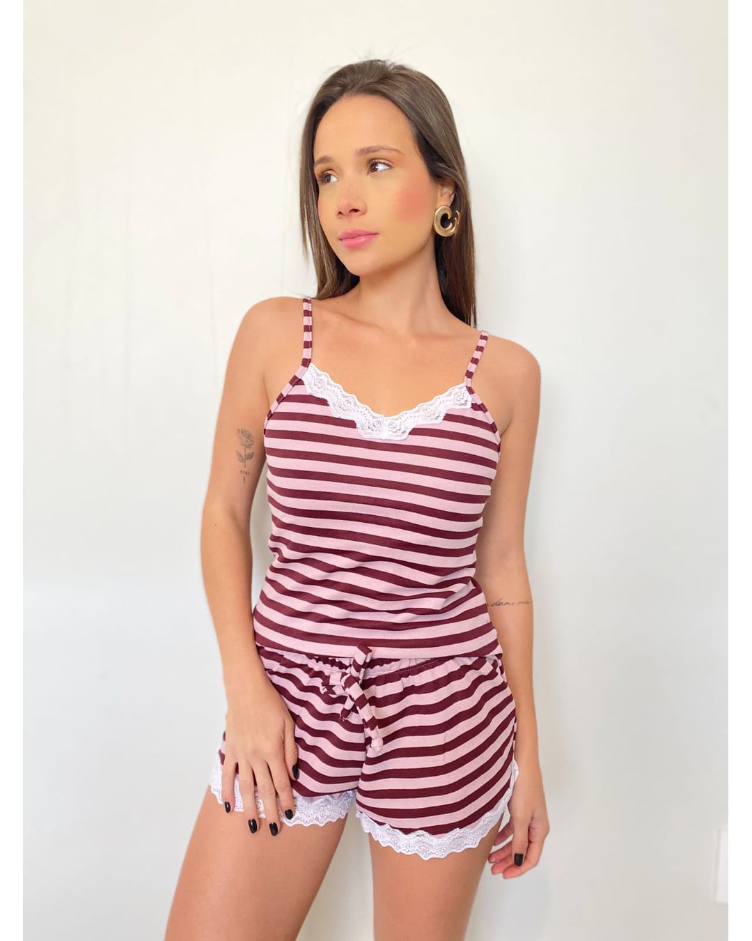 Pijama Piquet Listrado Lilás Marsala - Mimo de Renda