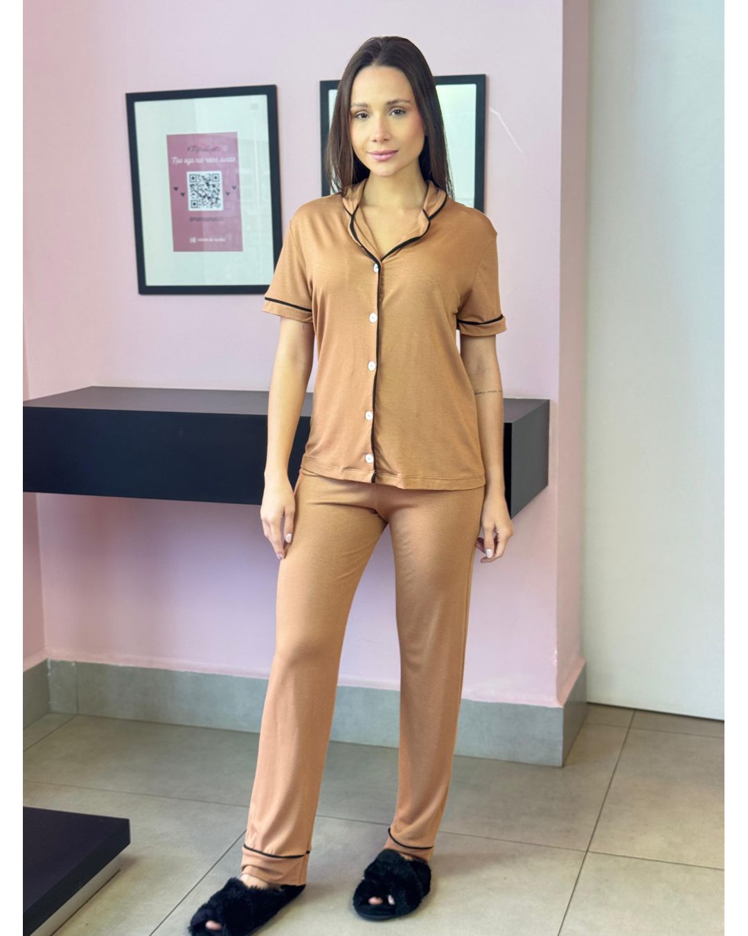PIJAMA CALÇA AMERICANO LONGO MANGA CURTA MARROM - Mimo de Renda