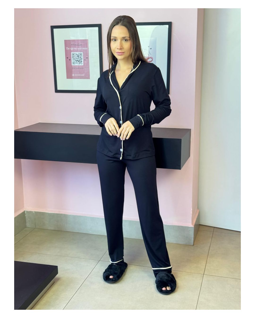 PIJAMA AMERICANO LONGO VISCO PRETO - Mimo de Renda