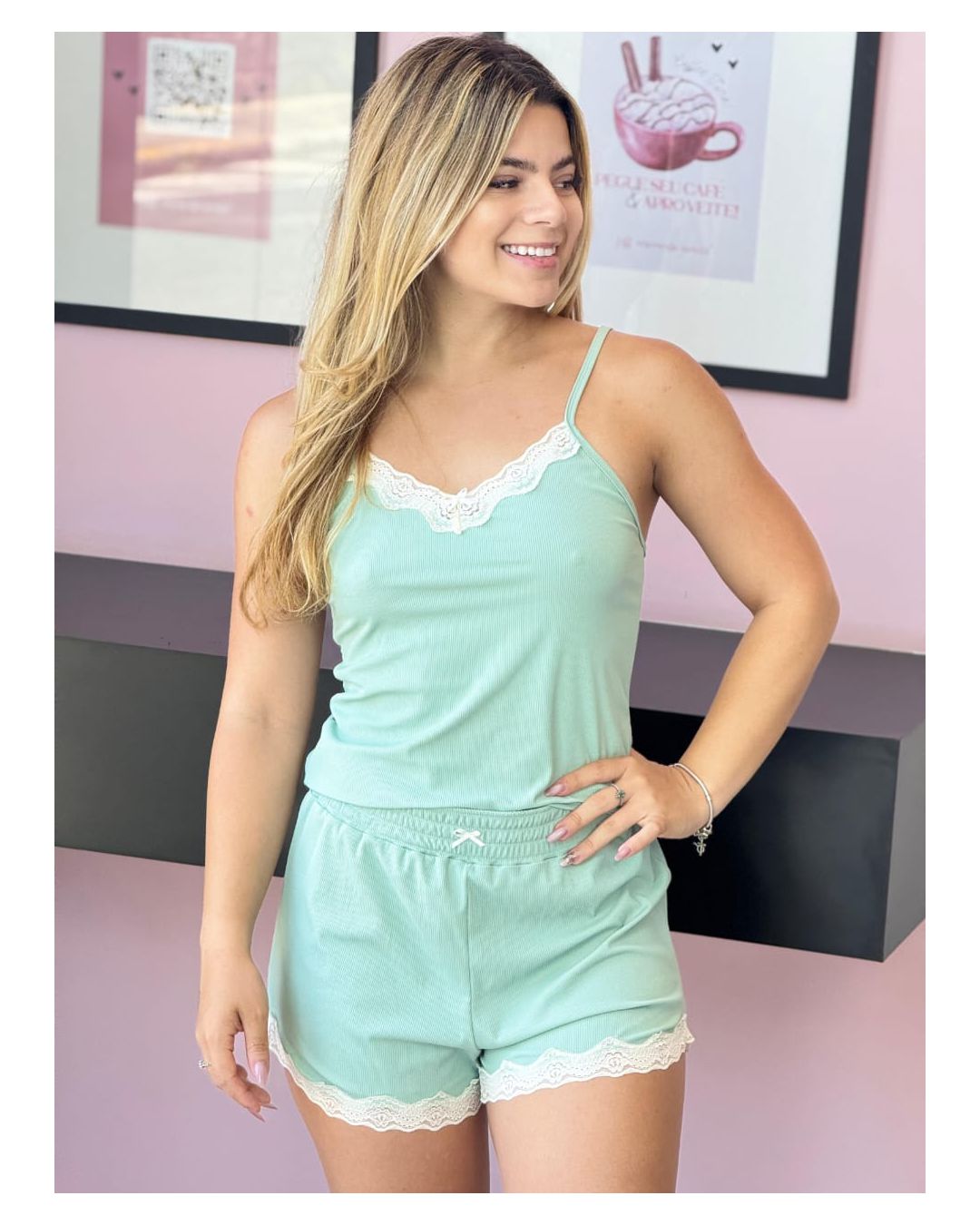 PIJAMA CANELADO VERDE MENTA - Mimo de Renda