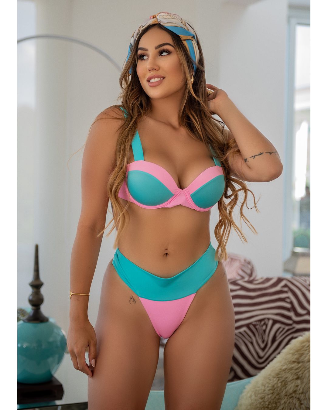 Biquíni Algodão Doce Up Azul e Rosa Cintura Alta