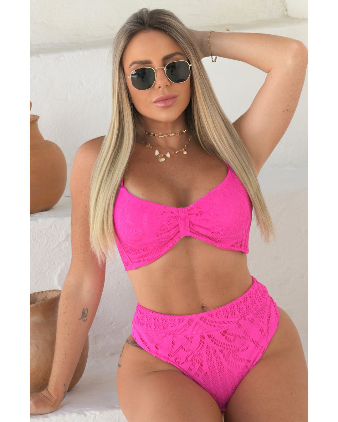 Biquíni Cancún Hot Pant Com Top Faixa Rendado Pink