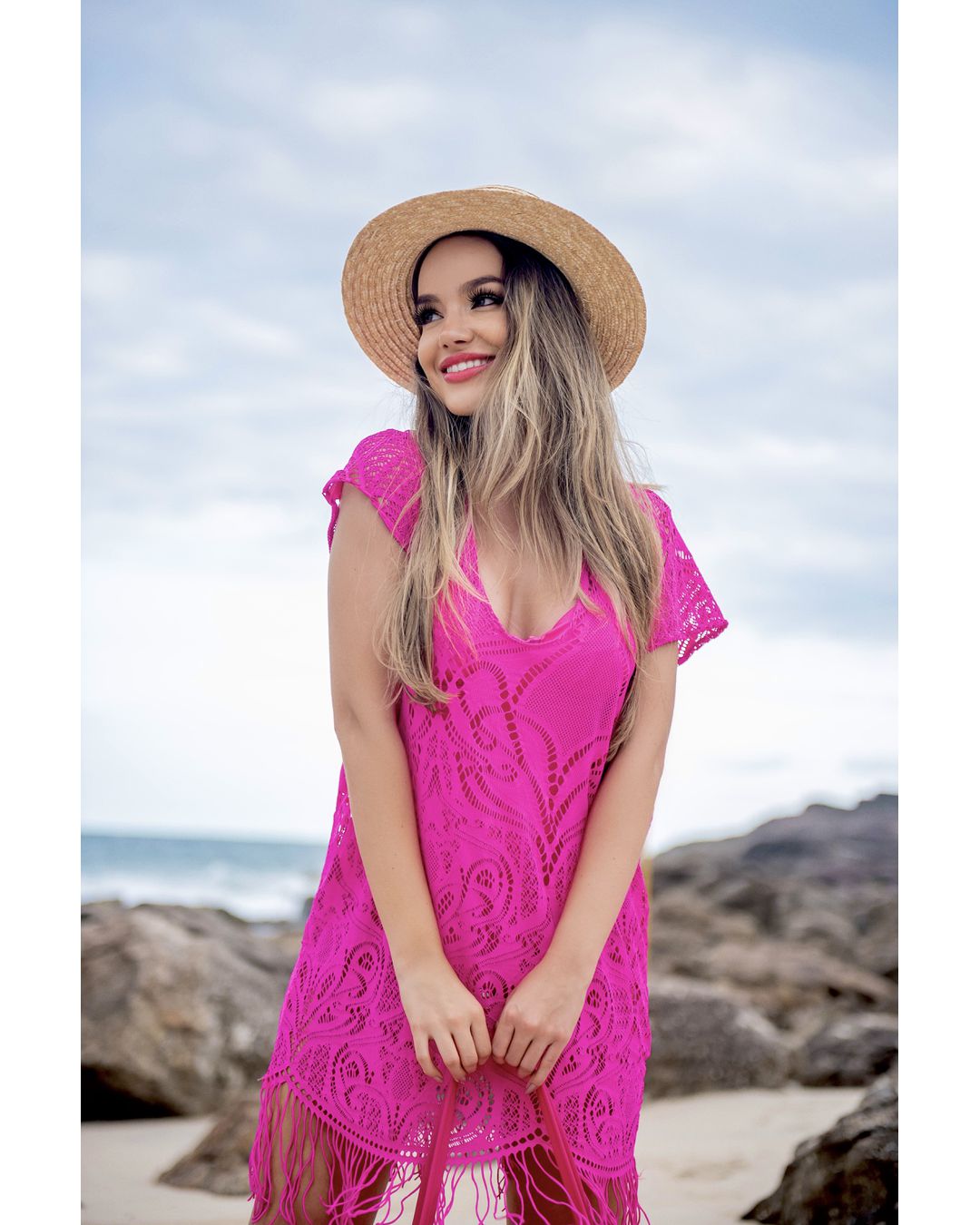 Saída de Praia Vestido Cancún Renda Pink