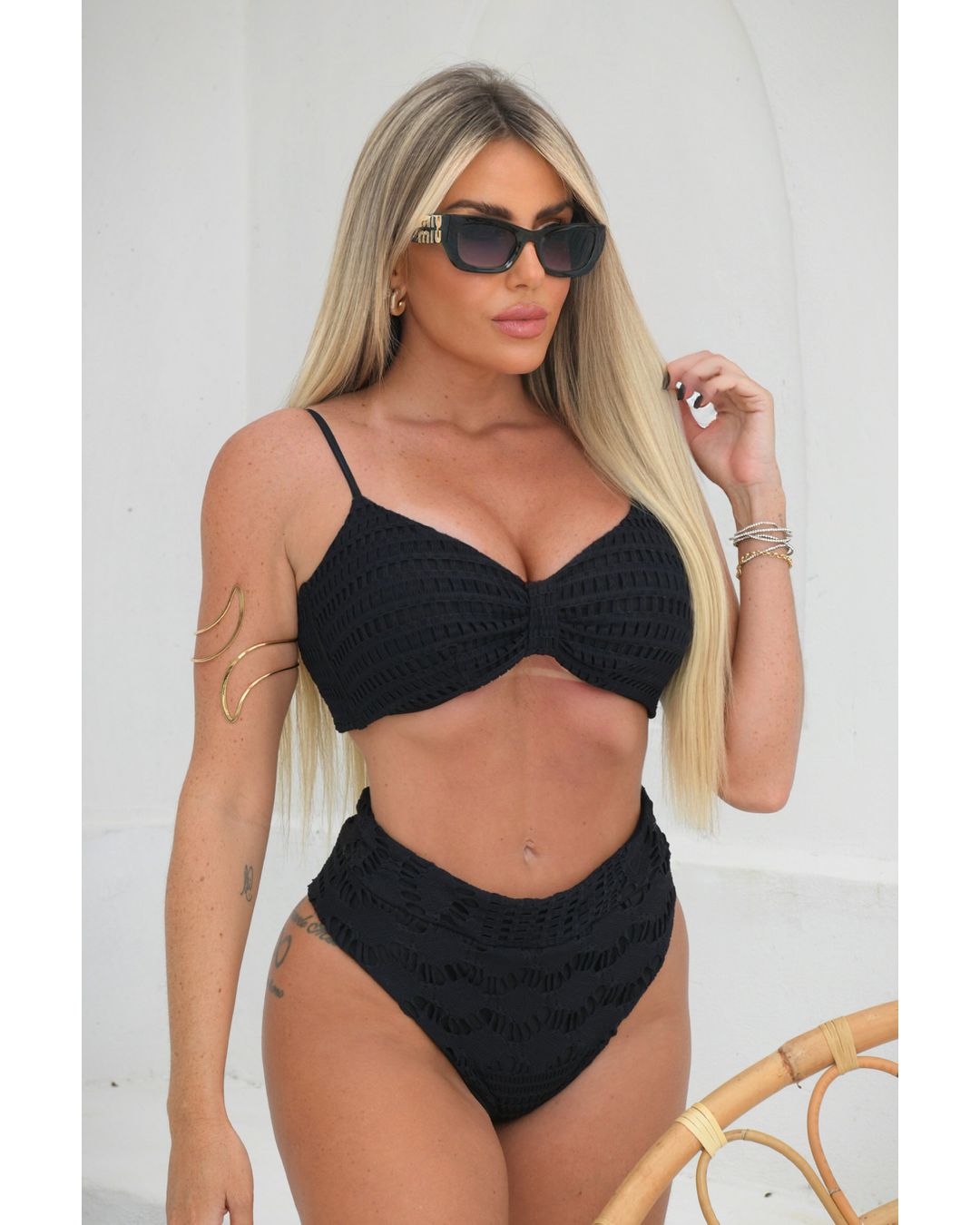 Biquíni Rendado Hot Pant Top Faixa Preto