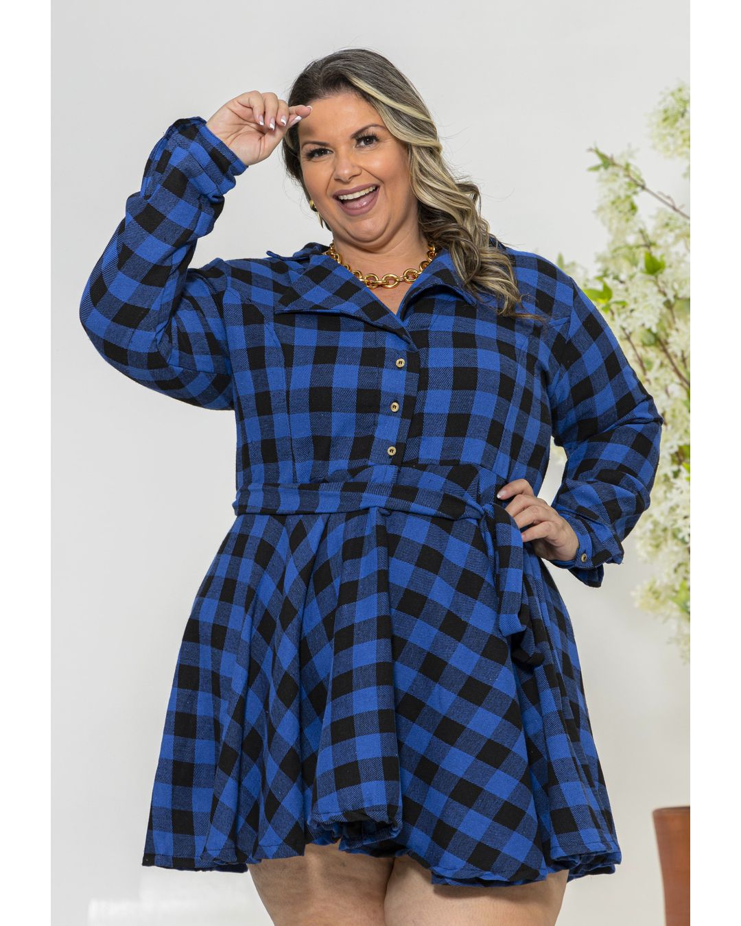 Vestido Chemisier Xadrez Preto com Azul