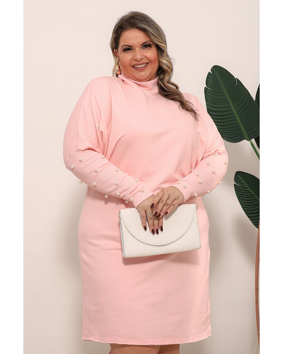 Vestido de Moletom Com Punho Duplo BordadoCom Pérolas Rosa Bebe
