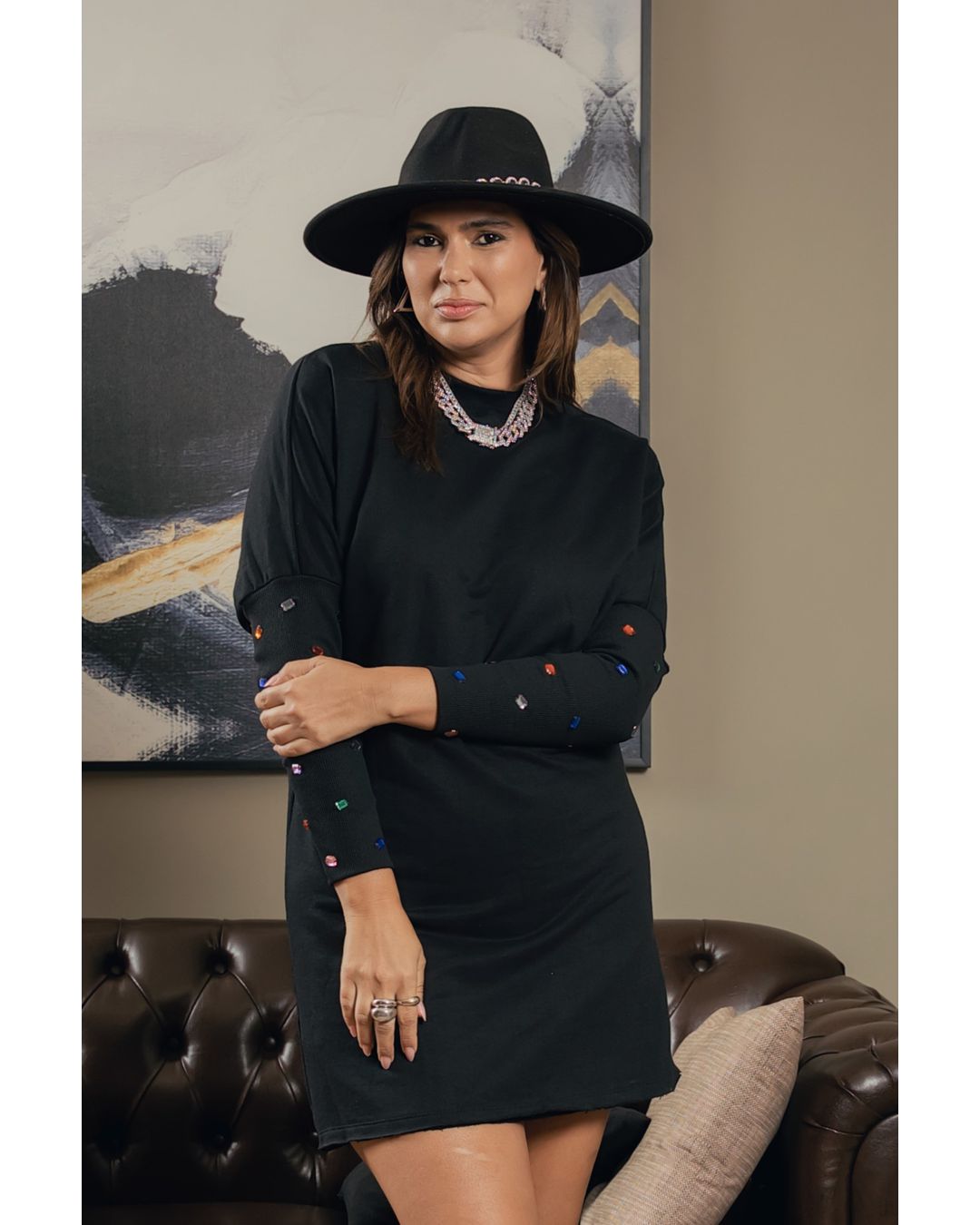 Vestido de Moletom Com Punho Duplo Bordado Preto