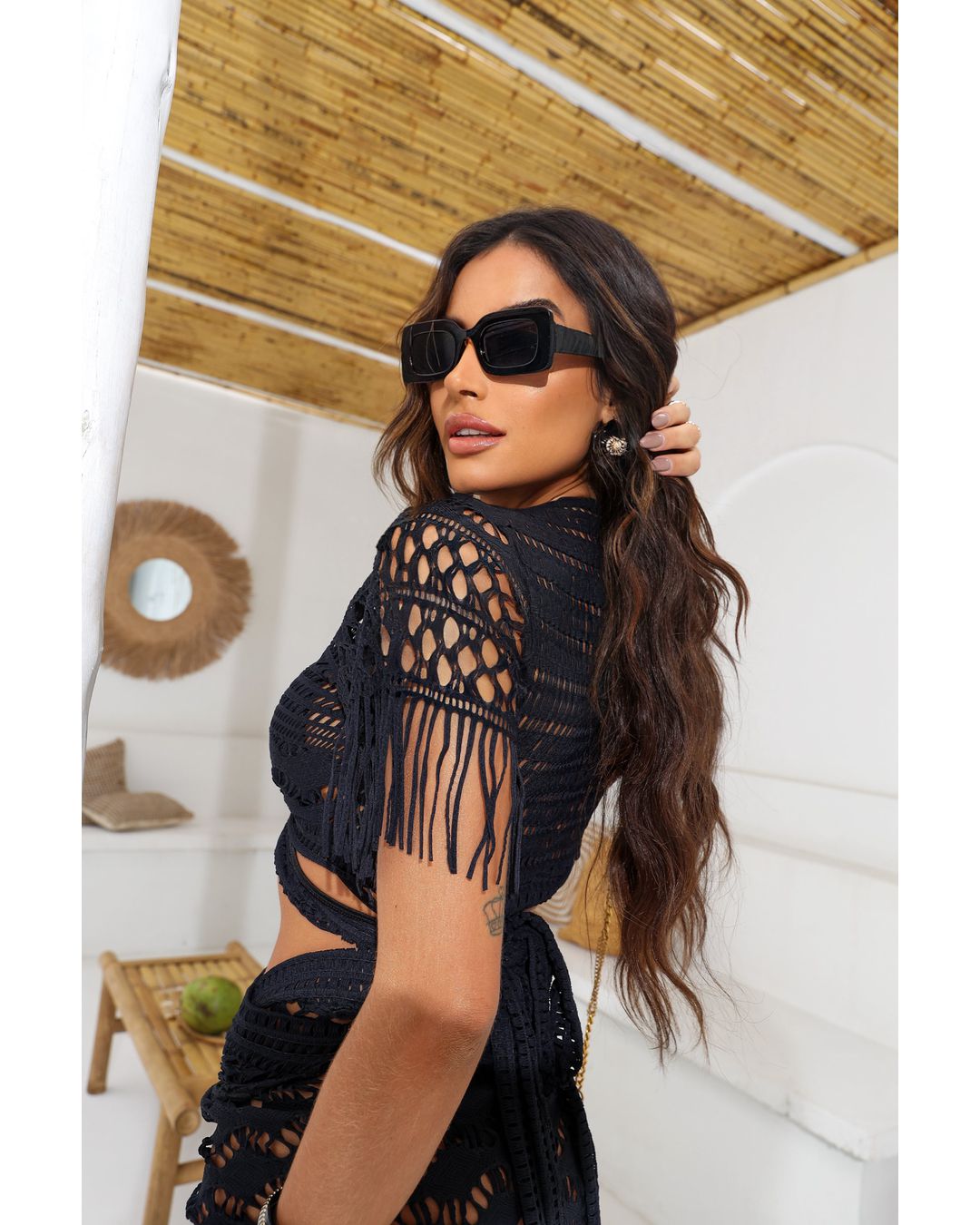 Saida Macramê Montenegro Top Cropped e Saia Preto