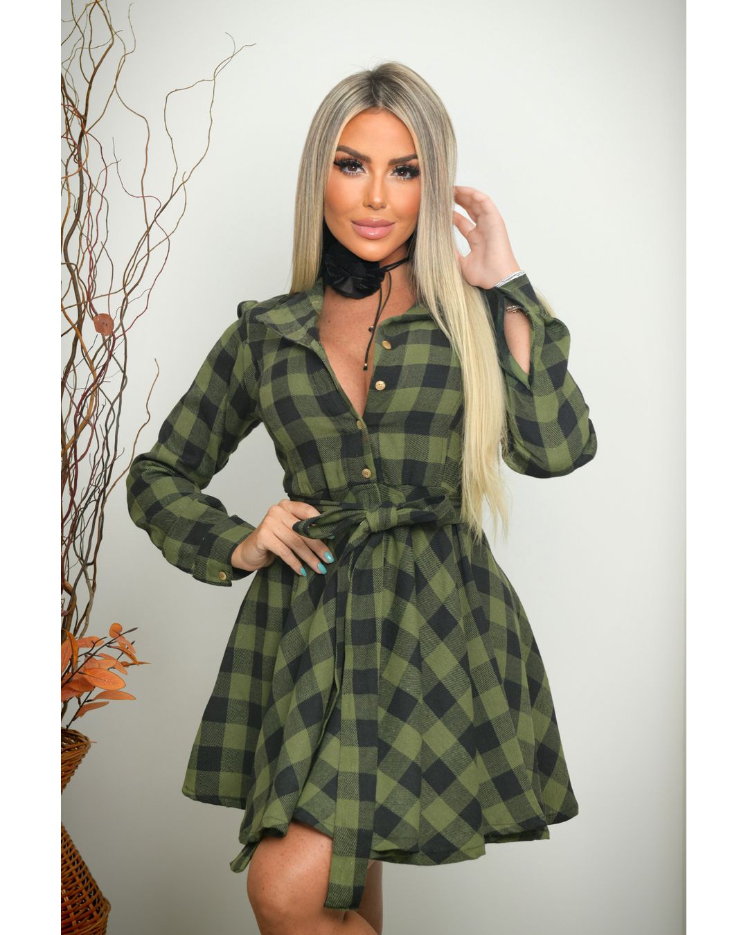 Vestido Chemisier Xadrez Verde Musgo e Preto