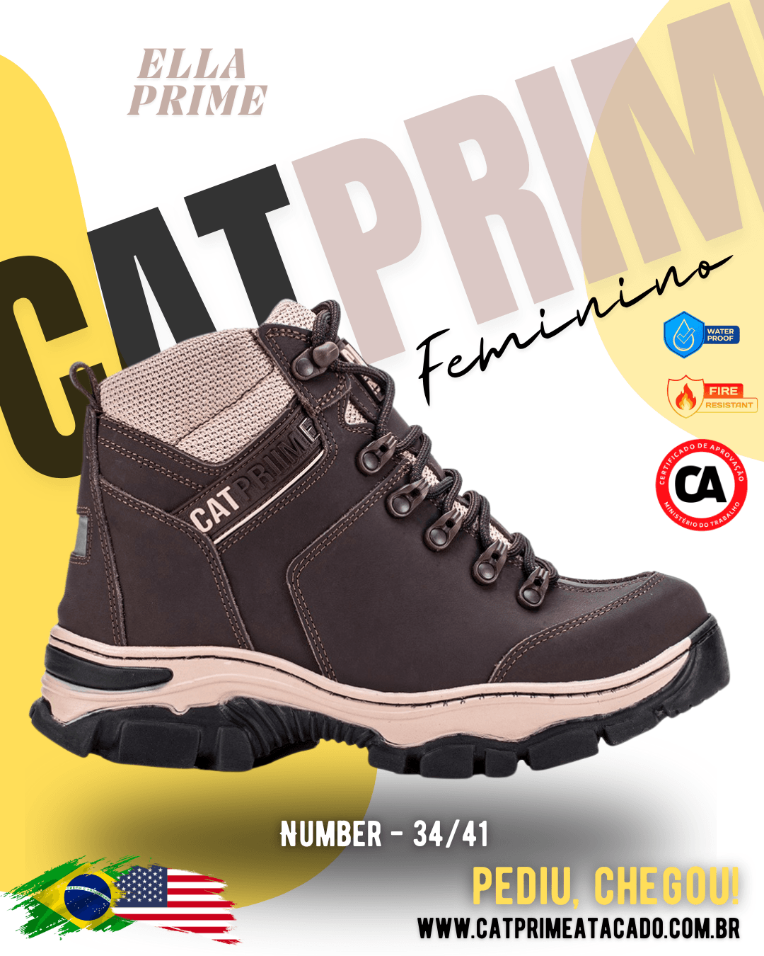 Coturno feminino Catprime modelo Ella Prime em couro legitímo, resistente à água e com Certificado de Aprovação (CA).
