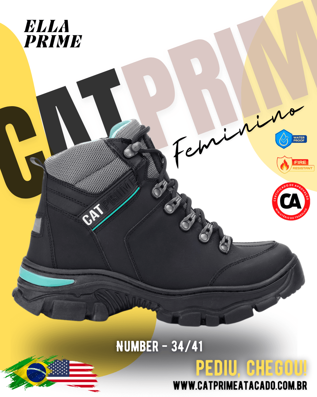 Vista lateral Detalhe do coturno Ella Prime solado antiderrapante. Coturno feminino Catprime preto, modelo Ella Prime, ideal para trabalho seguro.