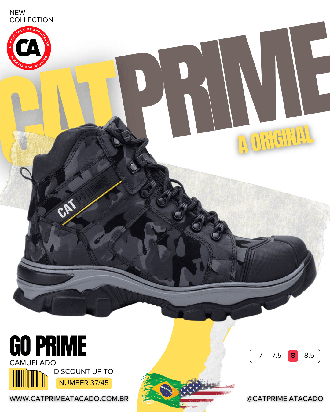 Vista lateral do coturno Catprime sola robusta. Coturno masculino GO Prime da Catprime, cano médio e cheio de atitude. Detalhe para o couro camuflado do GO Prime Catprime.