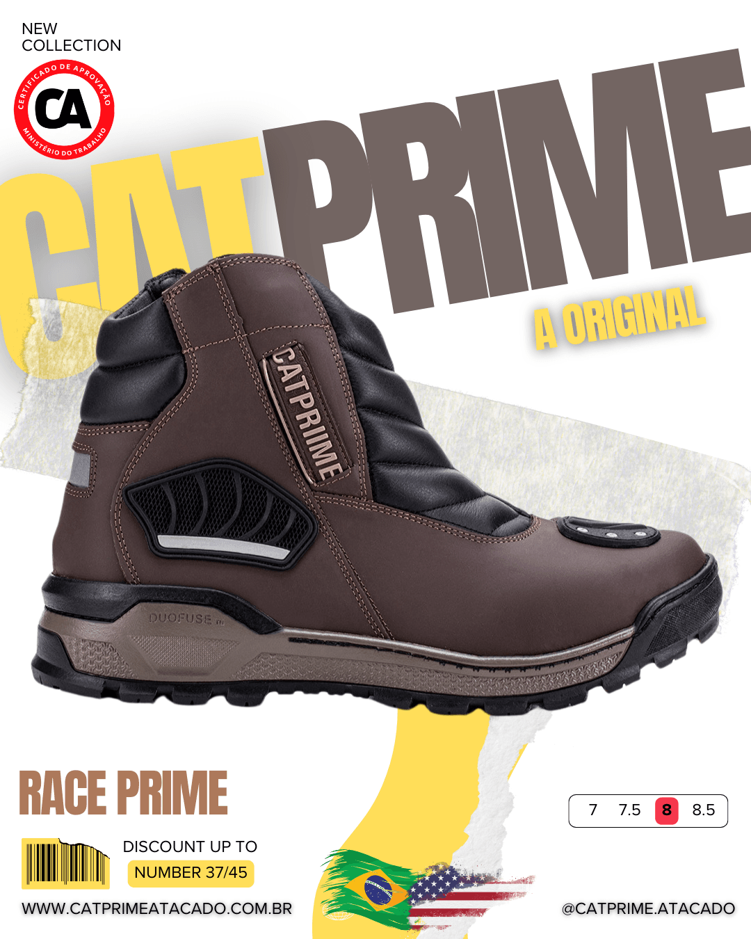 Vista lateral do coturno Catprime Race com zíper e sola robusta. Coturno masculino Race da Catprime, cano alto e cheio de atitude. Detalhe da proteção de marcha do coturno Race Catprime.
