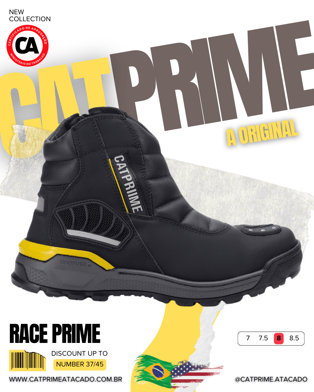 Vista lateral do coturno Catprime Race com zíper e sola robusta. Coturno masculino Race da Catprime, cano alto e cheio de atitude. Detalhe da proteção de marcha do coturno Race Catprime.