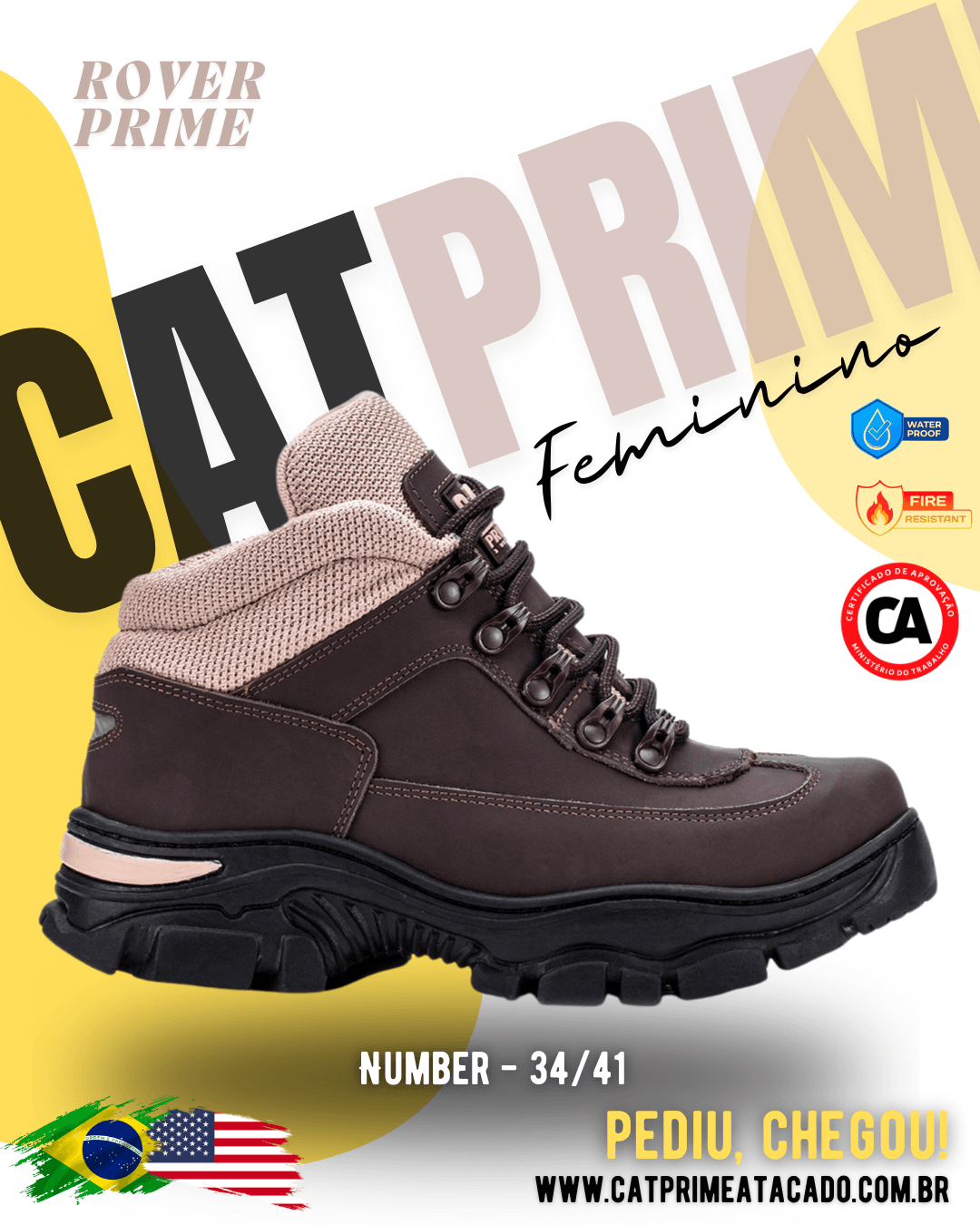 Coturno feminino Catprime modelo Rover Prime em couro legitímo, resistente à água e com Certificado de Aprovação (CA).