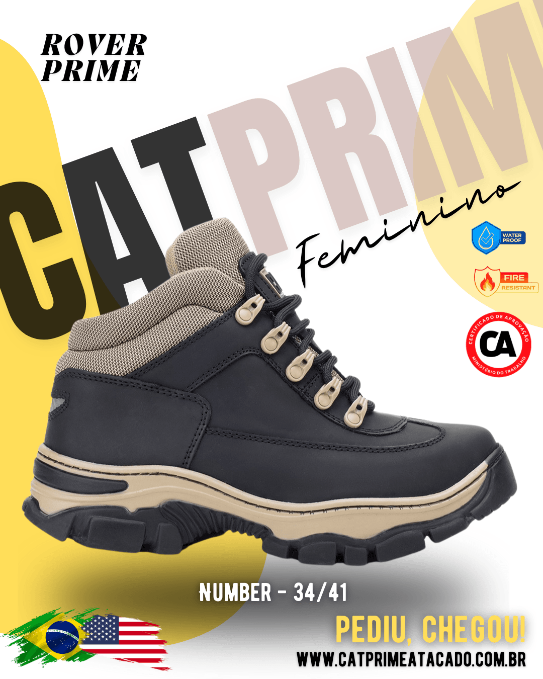 Coturno feminino Catprime modelo Rover Prime em couro sintético, resistente à água e com Certificado de Aprovação (CA).