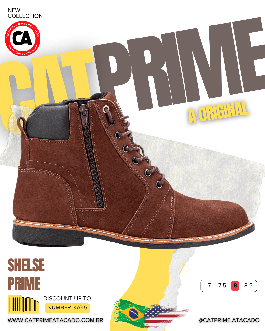 Vista lateral da bota Catprime em nobuck com zíper e sola de borracha. Bota Catprime em couro nobuck, estilo casual com zíper. Detalhe do solado com vira de recouro da bota Catprime masculina.