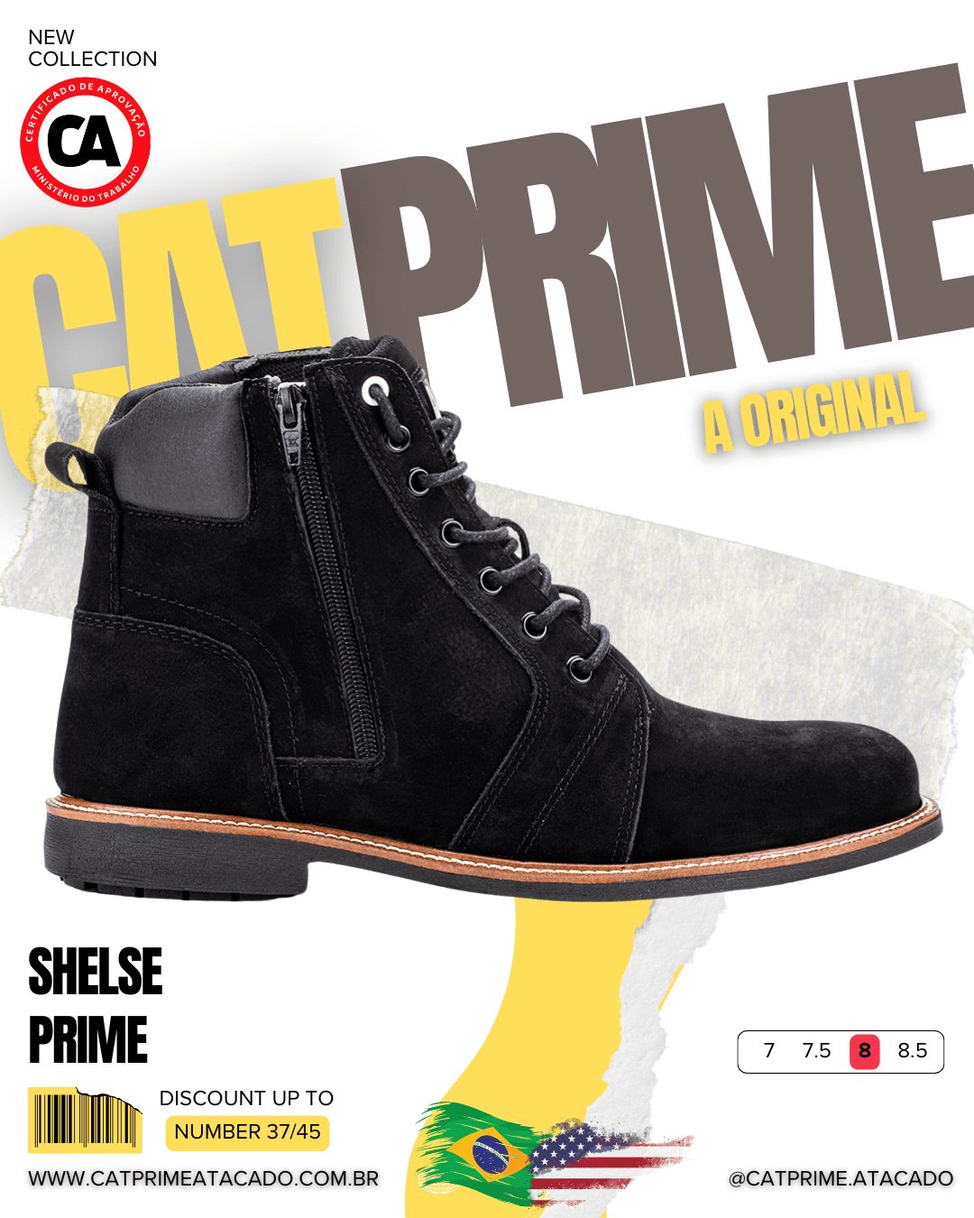 Bota masculina Catprime em couro nobuck marrom, com zíper lateral e solado de borracha com vira de recouro.