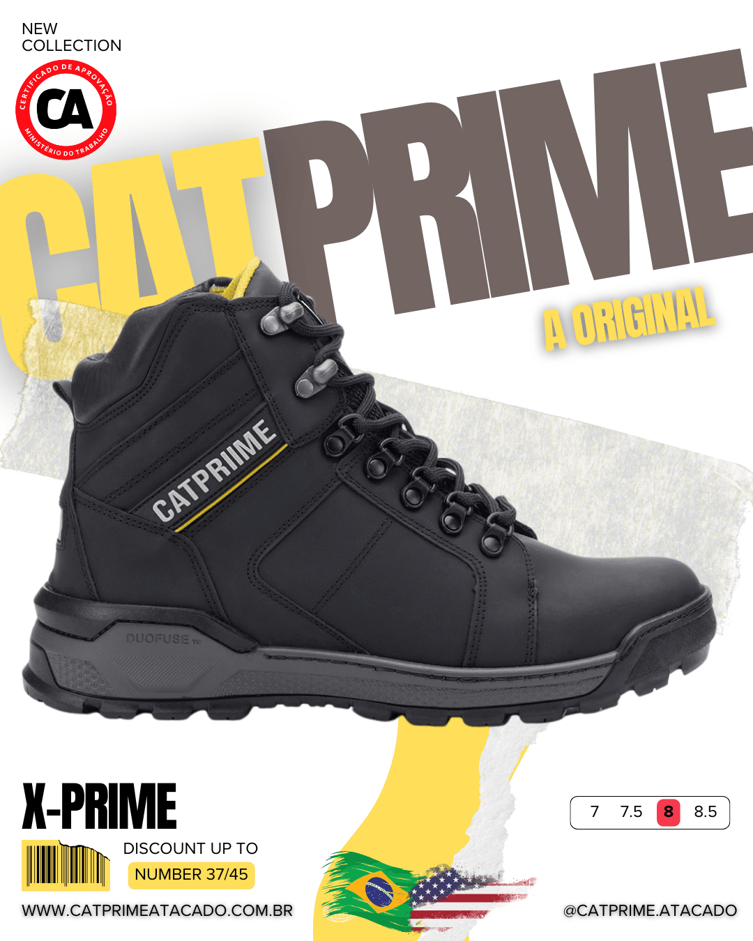 Coturno Catprime masculino em couro preto visto de lado, com solado robusto e design reforçado.