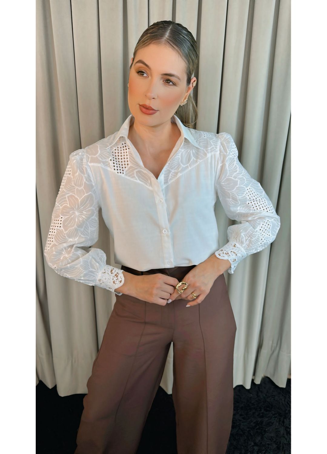 Camisa Feminina Manga Longa Bordada... - D'Menina