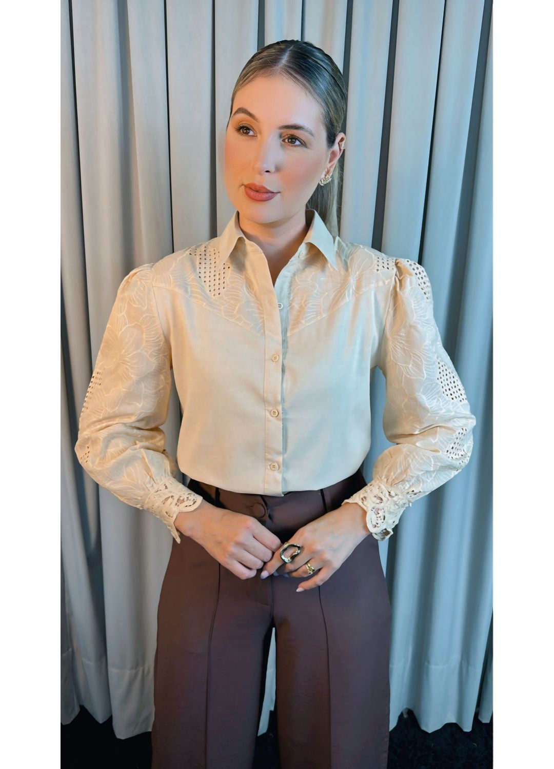 Camisa Feminina Manga Longa Bordada... - D'Menina