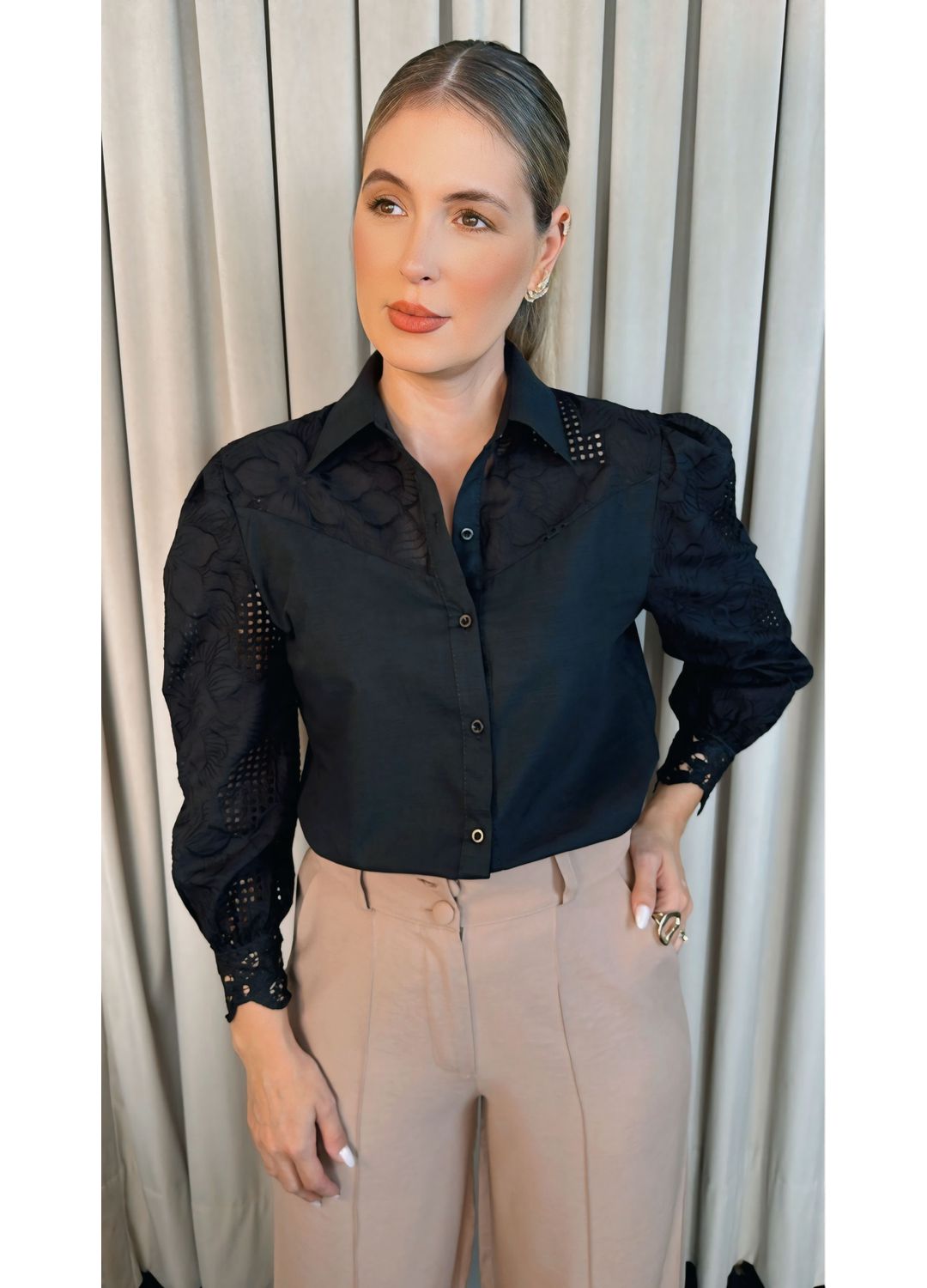 Camisa Feminina Manga Longa Bordada... - D'Menina