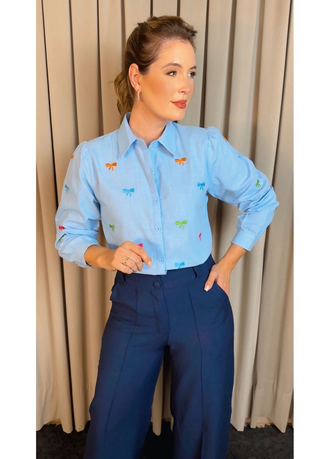 Camisa Feminina Manga Longa Bordada... - D'Menina