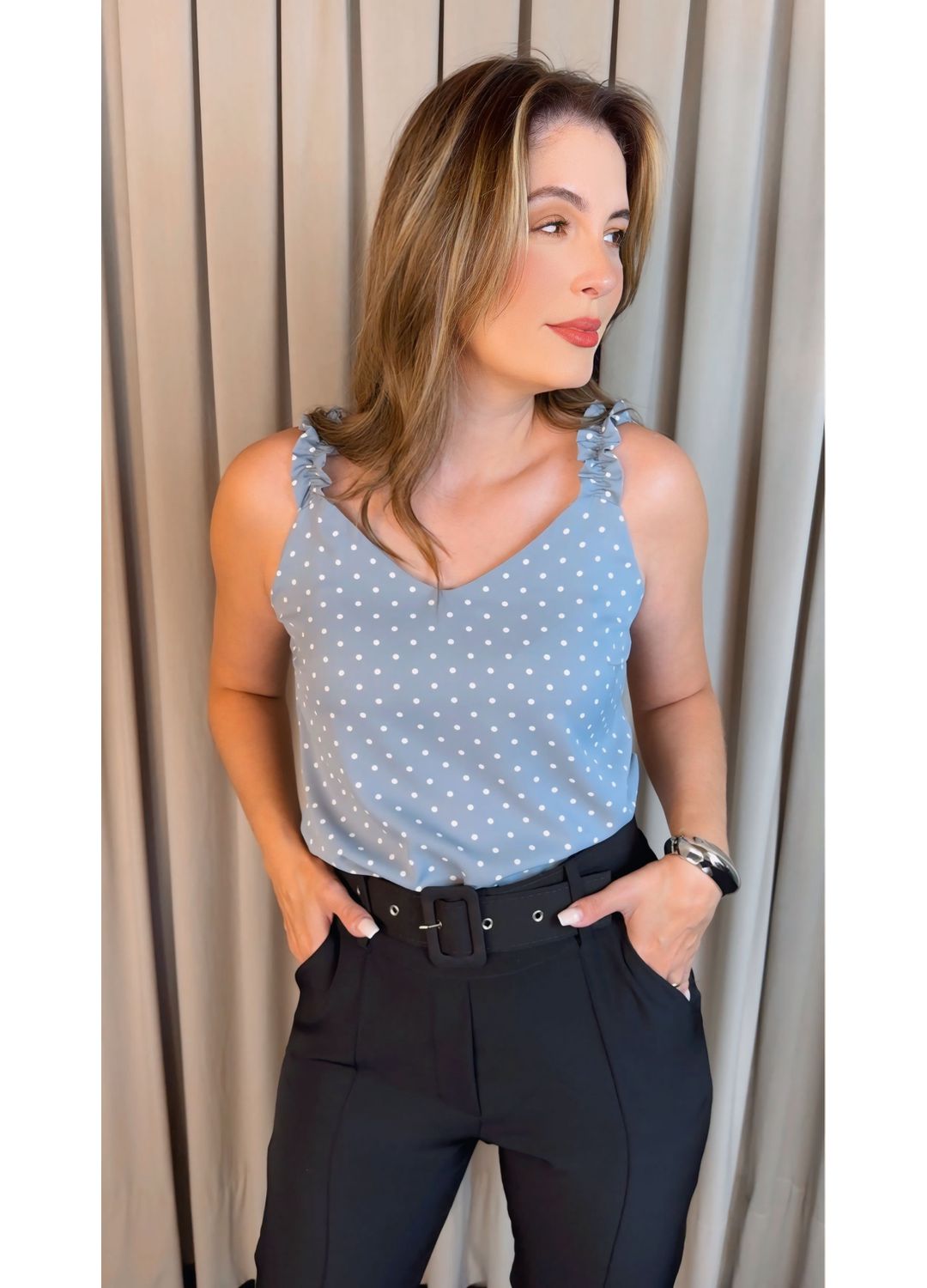 Blusa Feminina Clássica Em Poá - Az... - D'Menina