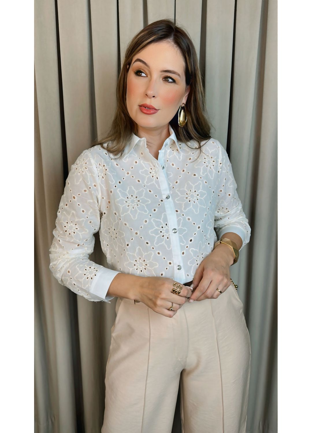 Camisa Feminina Manga Longa Bordada... - D'Menina
