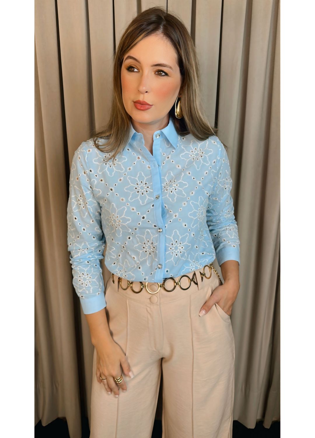 Camisa Feminina Manga Longa Bordada... - D'Menina