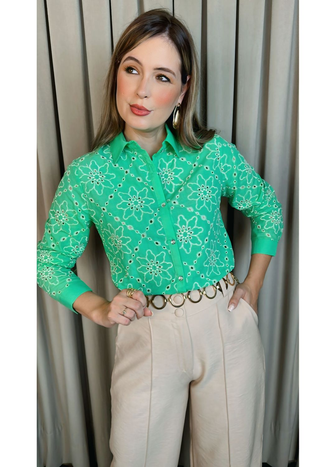 Camisa Feminina Manga Longa Bordada... - D'Menina