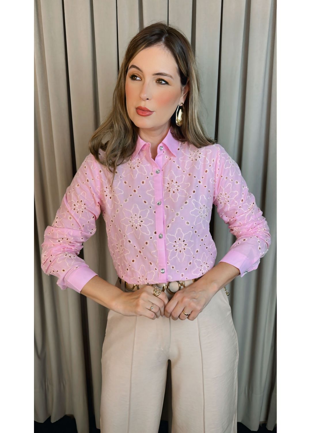 Camisa Feminina Manga Longa Bordada... - D'Menina