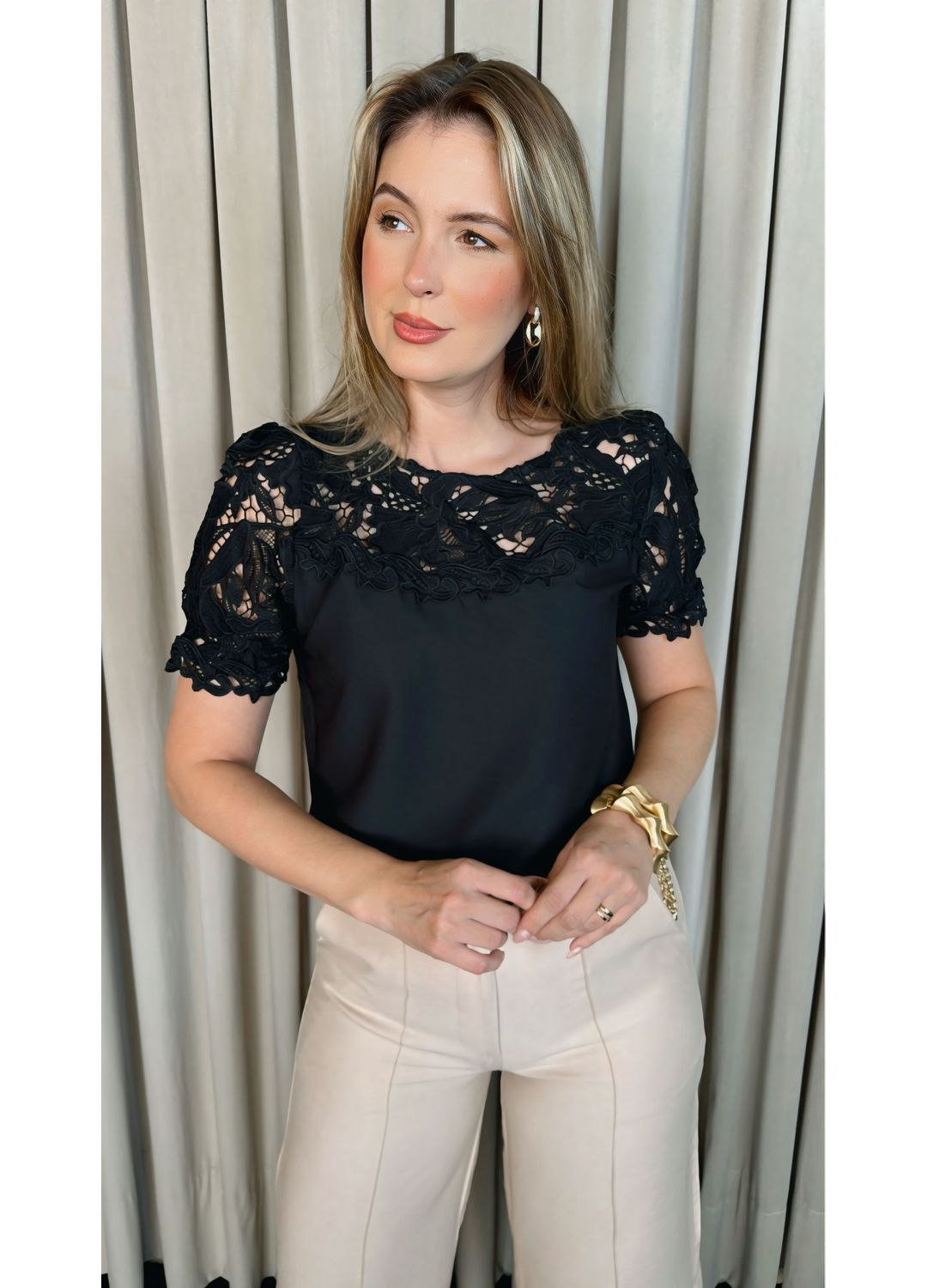 Blusa Feminina Delicada Guipir - Pr... - D'Menina