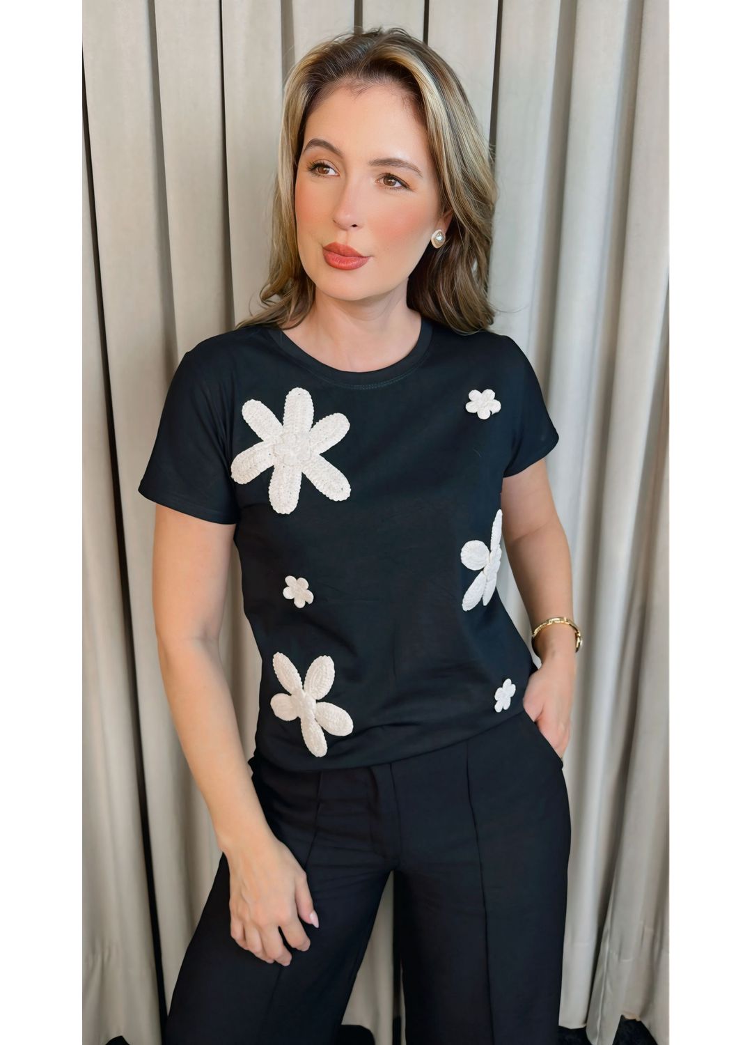 Plus - Blusa Feminina Detalhe em Tr... - D'Menina
